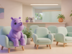 Rinoceronte roxo sentado em uma cadeira verde numa sala de espera com poltronas e plantas