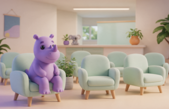 Rinoceronte roxo sentado em uma cadeira verde numa sala de espera com poltronas e plantas