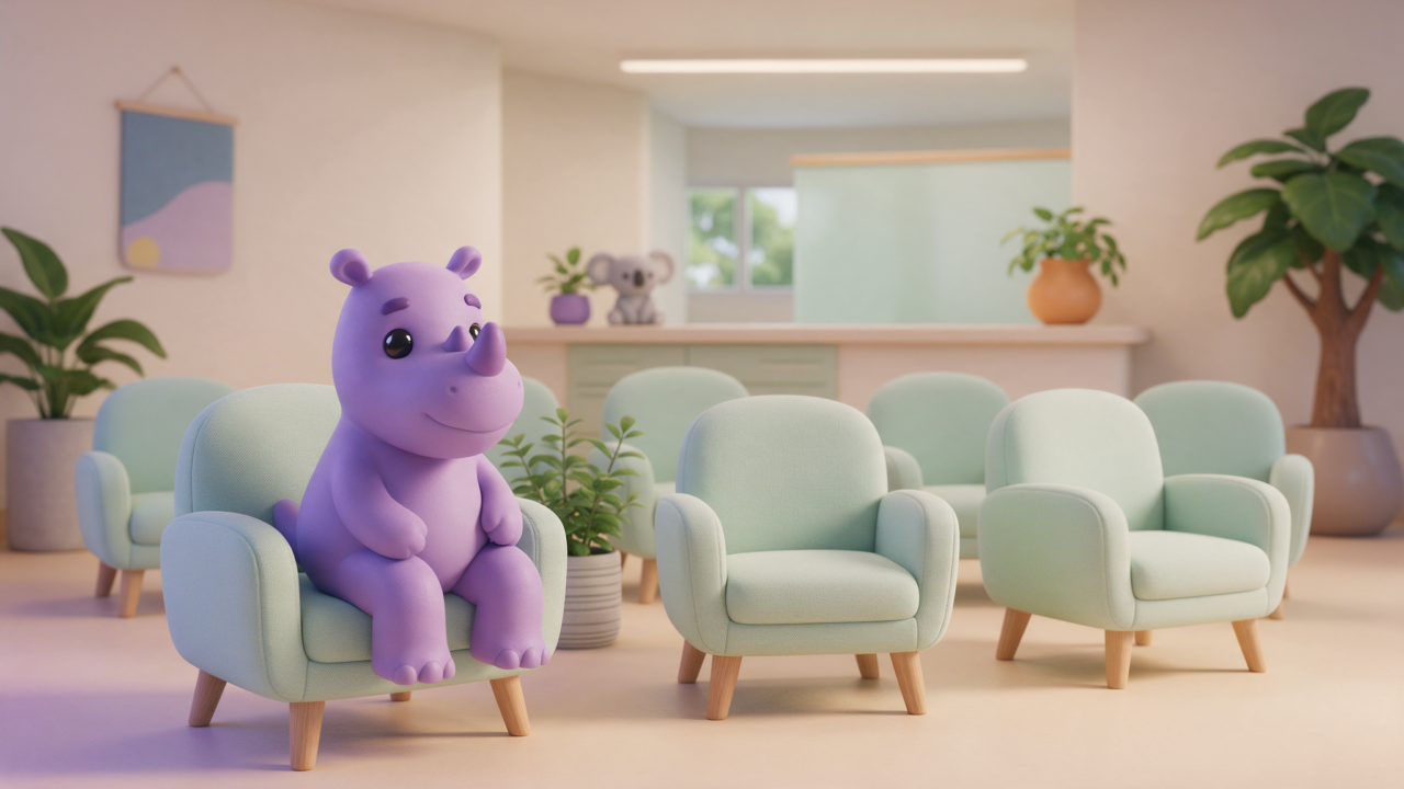 Rinoceronte roxo sentado em uma cadeira verde numa sala de espera com poltronas e plantas
