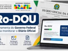 Ro-DOU: clipping do Diário Oficial para órgãos públicos Arte oficial do Ro-DOU com o selo do projeto, ícones de busca, e-mail e clipping e uma tela do Diário Oficial da União