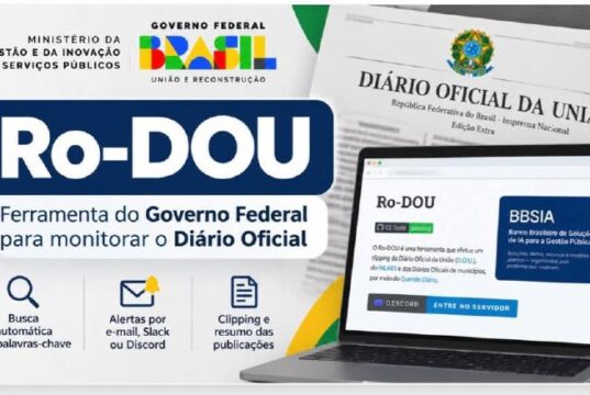 Ro-DOU: clipping do Diário Oficial para órgãos públicos Arte oficial do Ro-DOU com o selo do projeto, ícones de busca, e-mail e clipping e uma tela do Diário Oficial da União