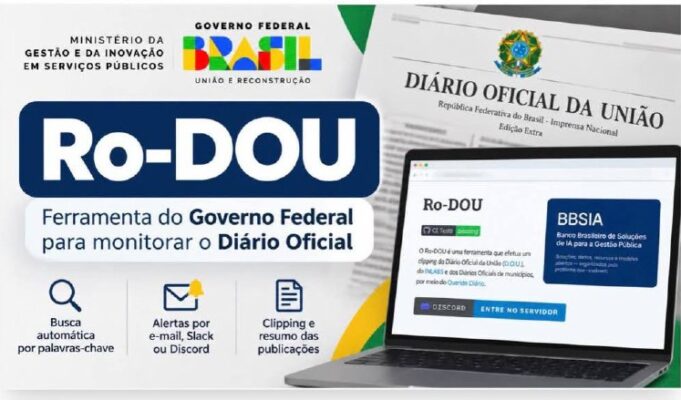 Arte oficial do Ro-DOU com o selo do projeto, ícones de busca, e-mail e clipping e uma tela do Diário Oficial da União
