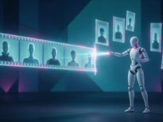 SupoClip corta vídeos longos em Shorts com IA rodando local Robô humanoides branco corta uma longa tira de vídeo com feixe de energia, transformando os quadros em clipes verticais que flutuam ao redor em um estúdio cyberpunk azul e ciano