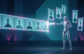 Robô humanoides branco corta uma longa tira de vídeo com feixe de energia, transformando os quadros em clipes verticais que flutuam ao redor em um estúdio cyberpunk azul e ciano