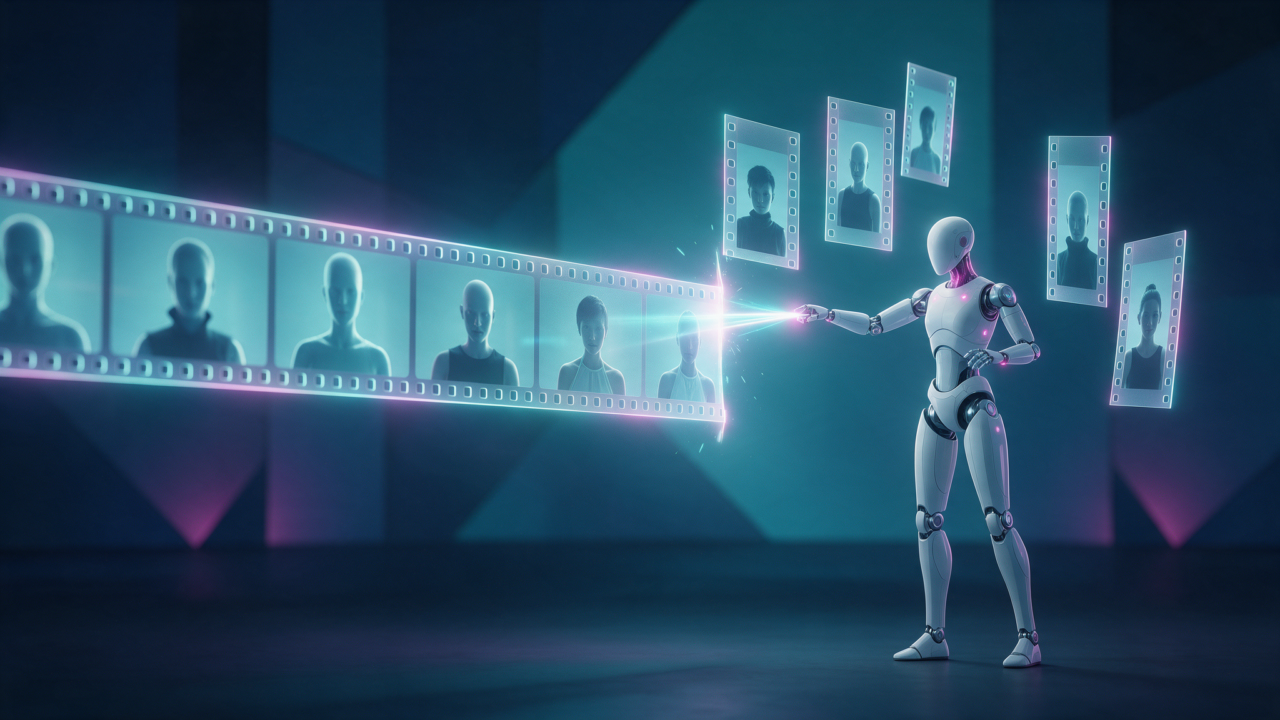 Robô humanoides branco corta uma longa tira de vídeo com feixe de energia, transformando os quadros em clipes verticais que flutuam ao redor em um estúdio cyberpunk azul e ciano