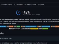 Captura da página do repositório laya no GitHub, em tema escuro, com o logotipo laya e a frase DECISIONS, NOT TEXT, os selos do PyPI e da licença Apache 2.0 e o comando python -m pip install laya