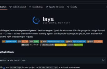 Laya chega como alternativa open source ao Jev da TypeSafe Captura da página do repositório laya no GitHub, em tema escuro, com o logotipo laya e a frase DECISIONS, NOT TEXT, os selos do PyPI e da licença Apache 2.0 e o comando python -m pip install laya